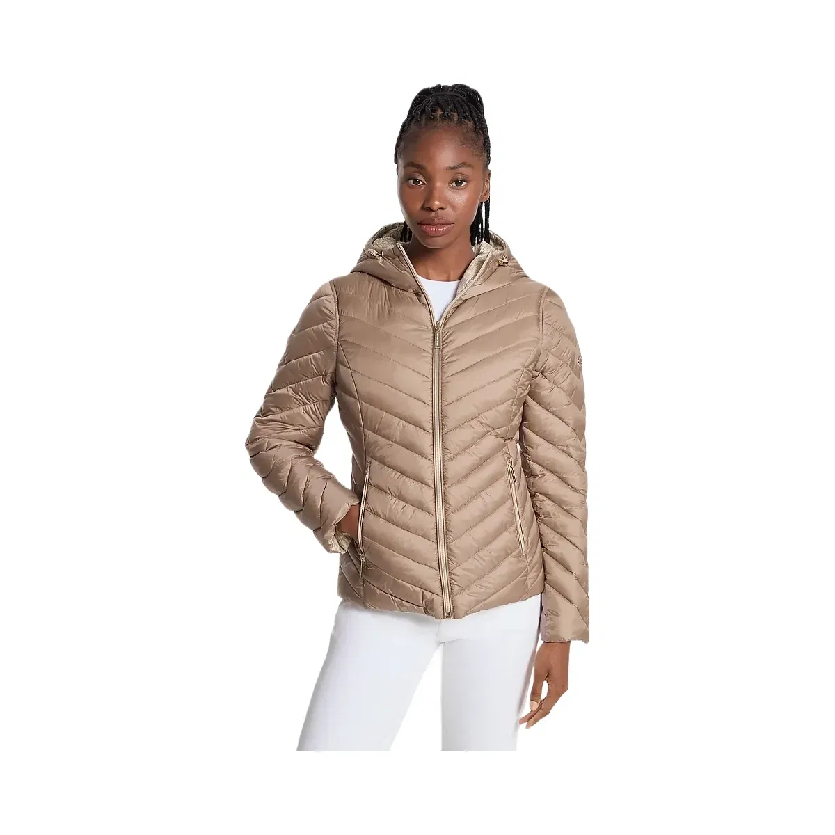 Michael Kors Chevron Logo Print Quilted Nylon Reversible Jacket Taupe/Bone Logo
