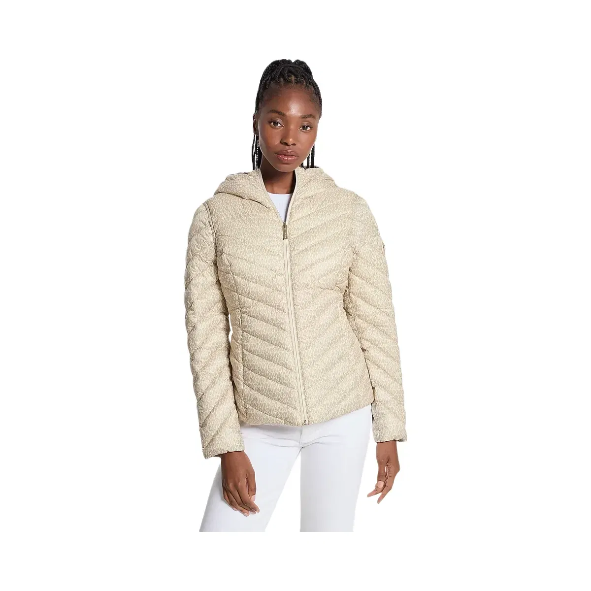 Michael Kors Chevron Logo Print Quilted Nylon Reversible Jacket Taupe/Bone Logo