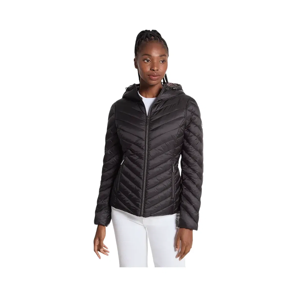 Michael Kors Chevron Logo Print Quilted Nylon Reversible Jacket Black/Brown Logo