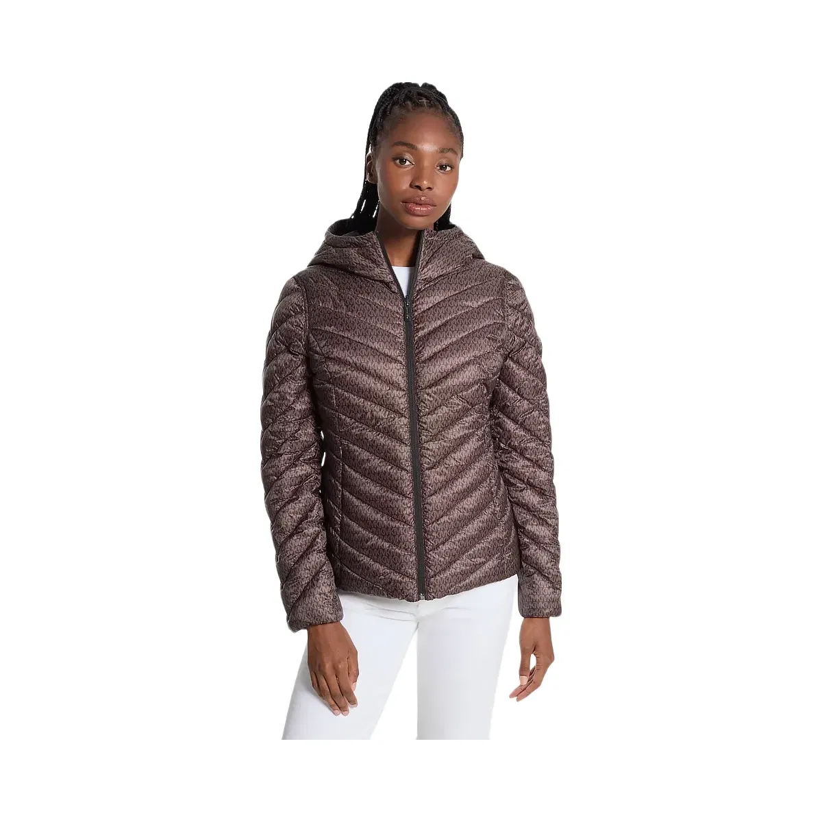 Michael Kors Chevron Logo Print Quilted Nylon Reversible Jacket Black/Brown Logo
