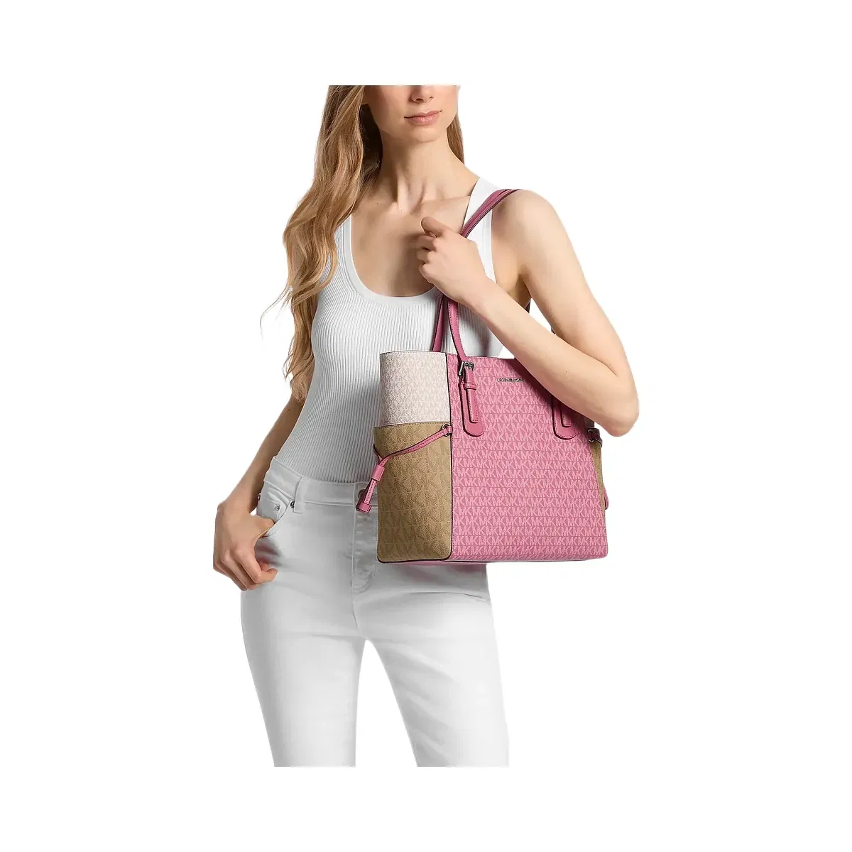 Michael Kors Voyager Large Color-Block Signature Logo Tote Bag Rosewood Multi