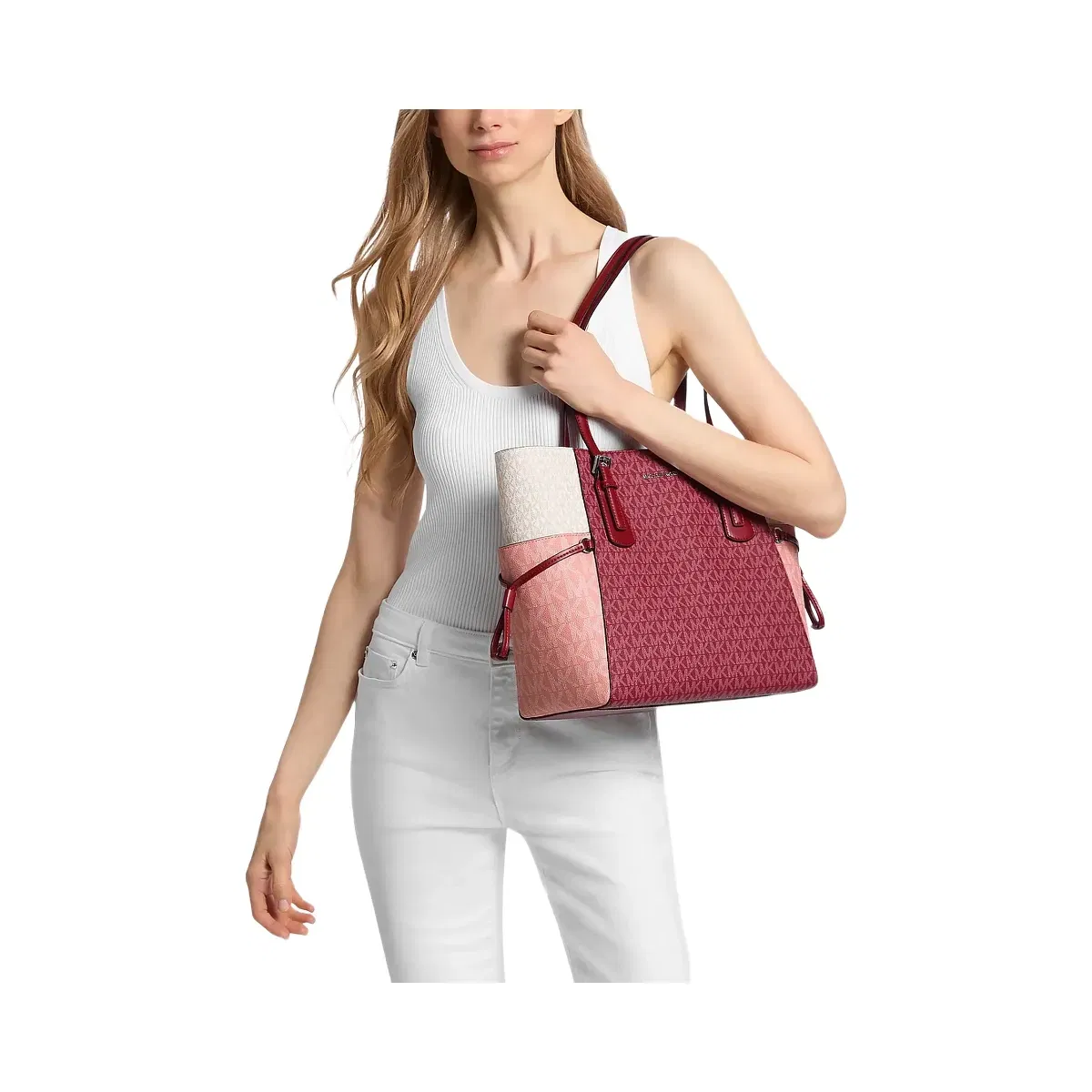 Michael Kors Voyager Large Color-Block Signature Logo Tote Bag Maroon