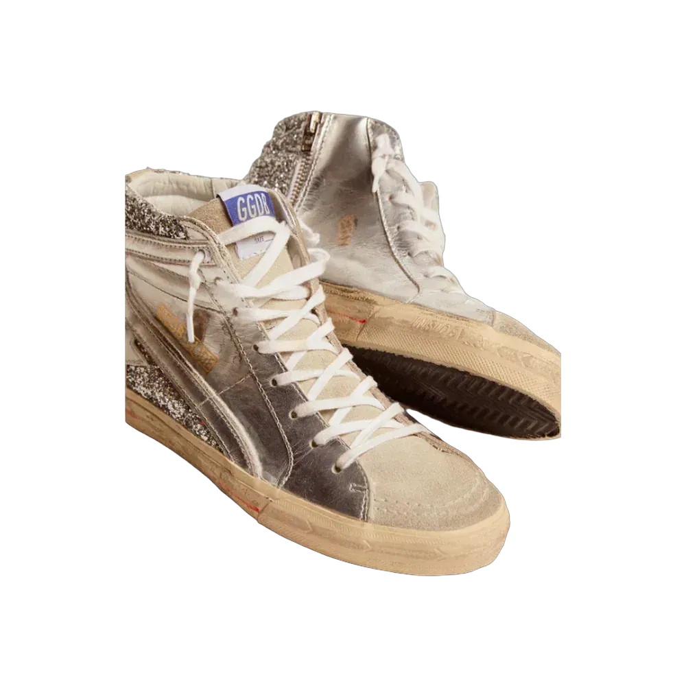 Golden Goose Slide With Laminated Leather Upper And Silver Glitter