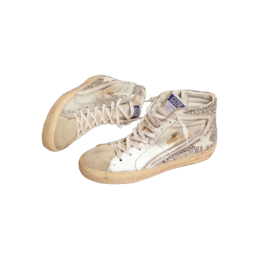 Golden Goose Slide With Laminated Leather Upper And Silver Glitter