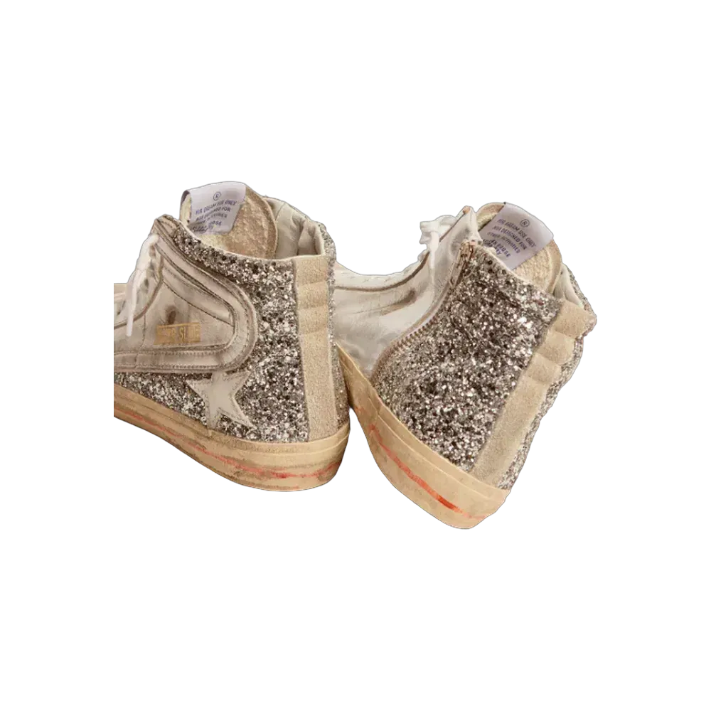 Golden Goose Slide With Laminated Leather Upper And Silver Glitter