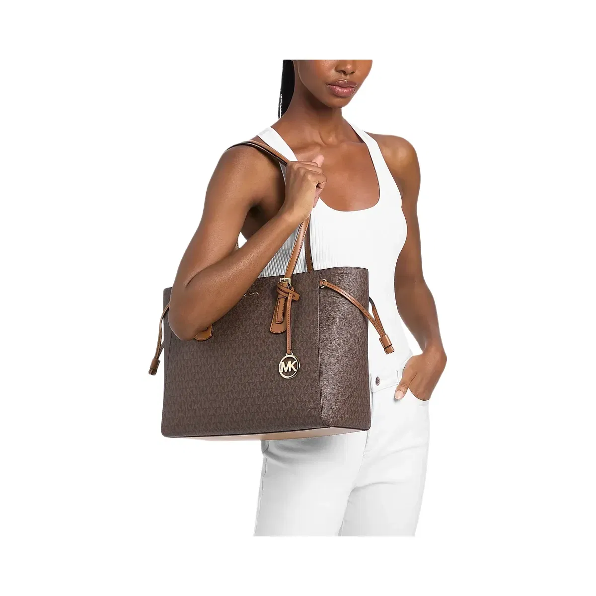 Michael Kors Voyager Large Signature Logo Top-Zip Tote Bag Brown