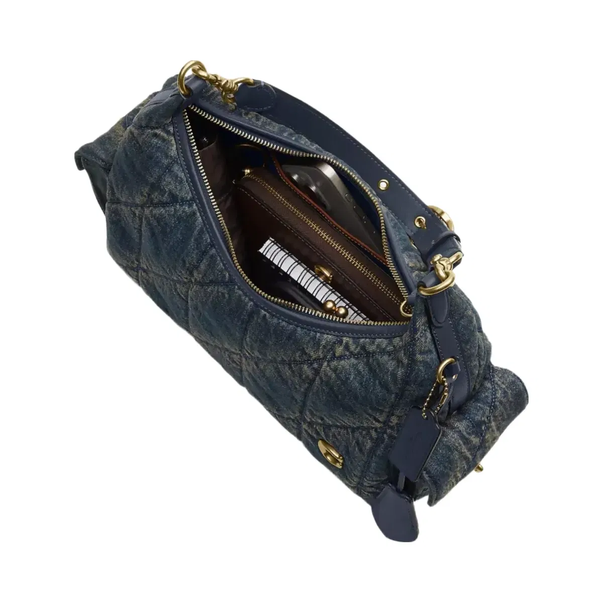 Coach Pocket Juliet Bag 30 In Regenerative Cotton Denim With Quilting in Brass Dark Indigo