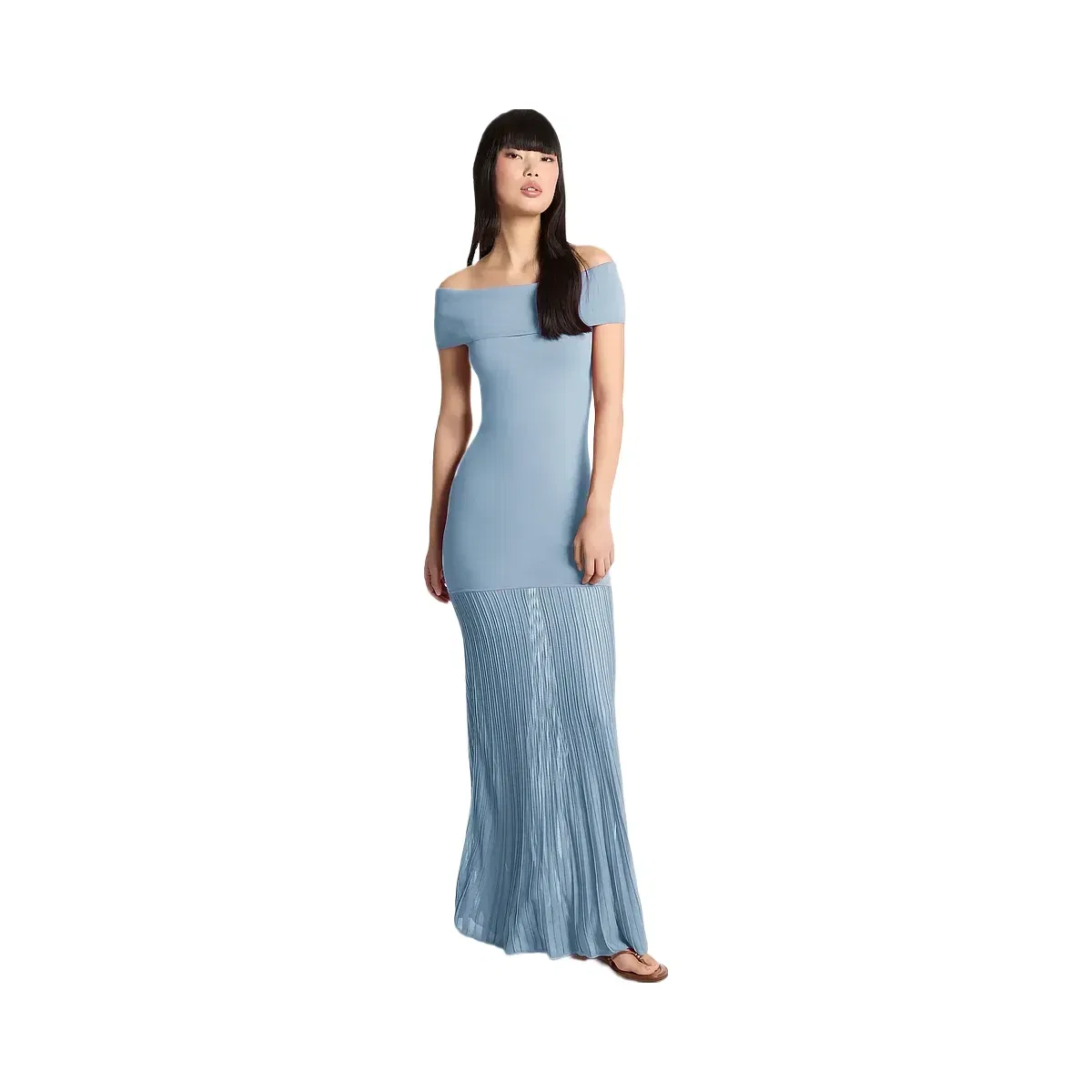 Michael Kors Pleated Stretch Knit Off-The-Shoulder Maxi Dress Chambray