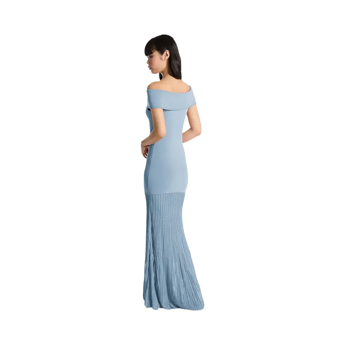 Michael Kors Pleated Stretch Knit Off-The-Shoulder Maxi Dress Chambray