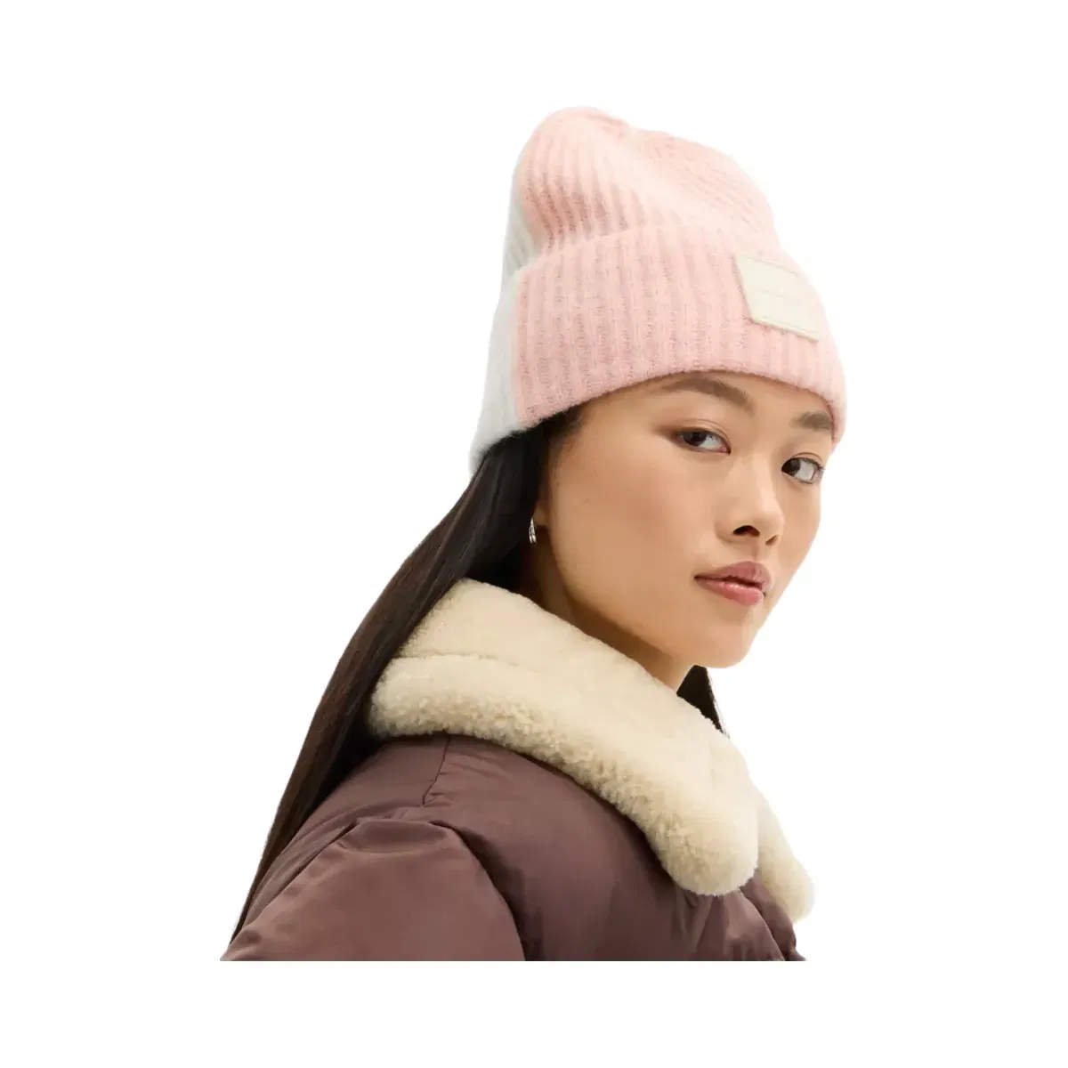 Coach Colorblock Beanie With Rubber Patch in Peach Chalk