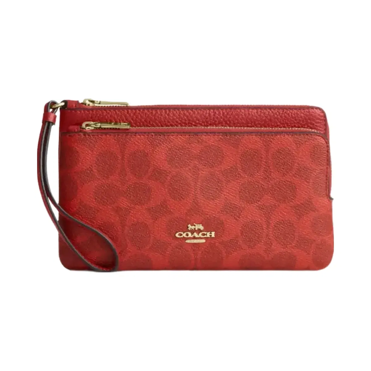 Coach Double Zip Wallet In Signature Canvas in Gold Crimson