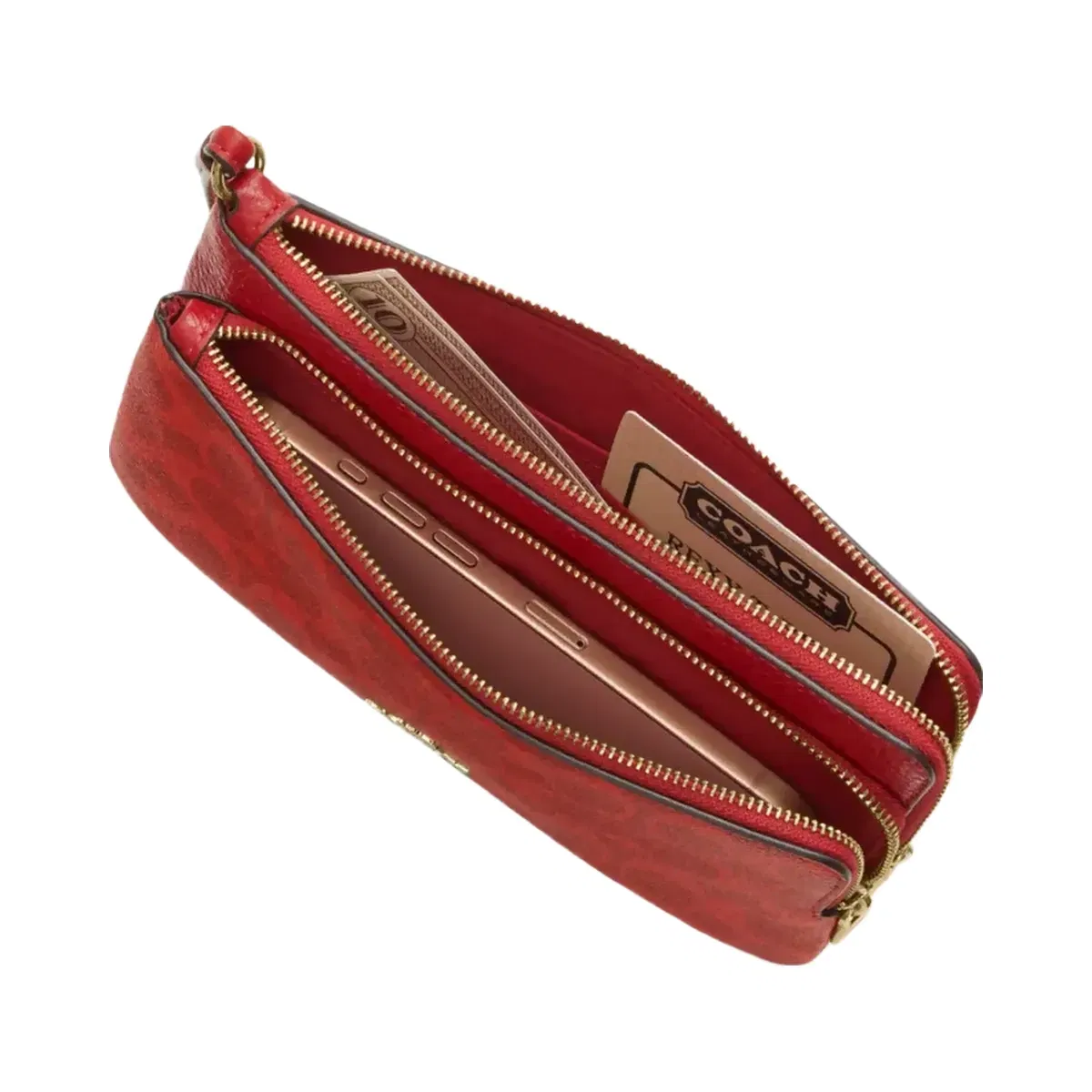 Coach Double Zip Wallet In Signature Canvas in Gold Crimson