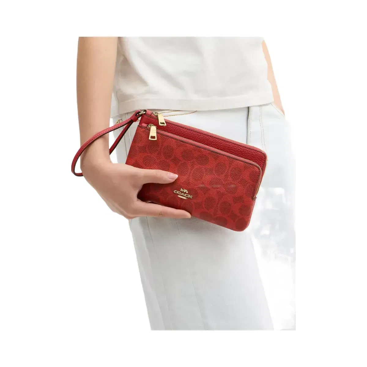 Coach Double Zip Wallet In Signature Canvas in Gold Crimson