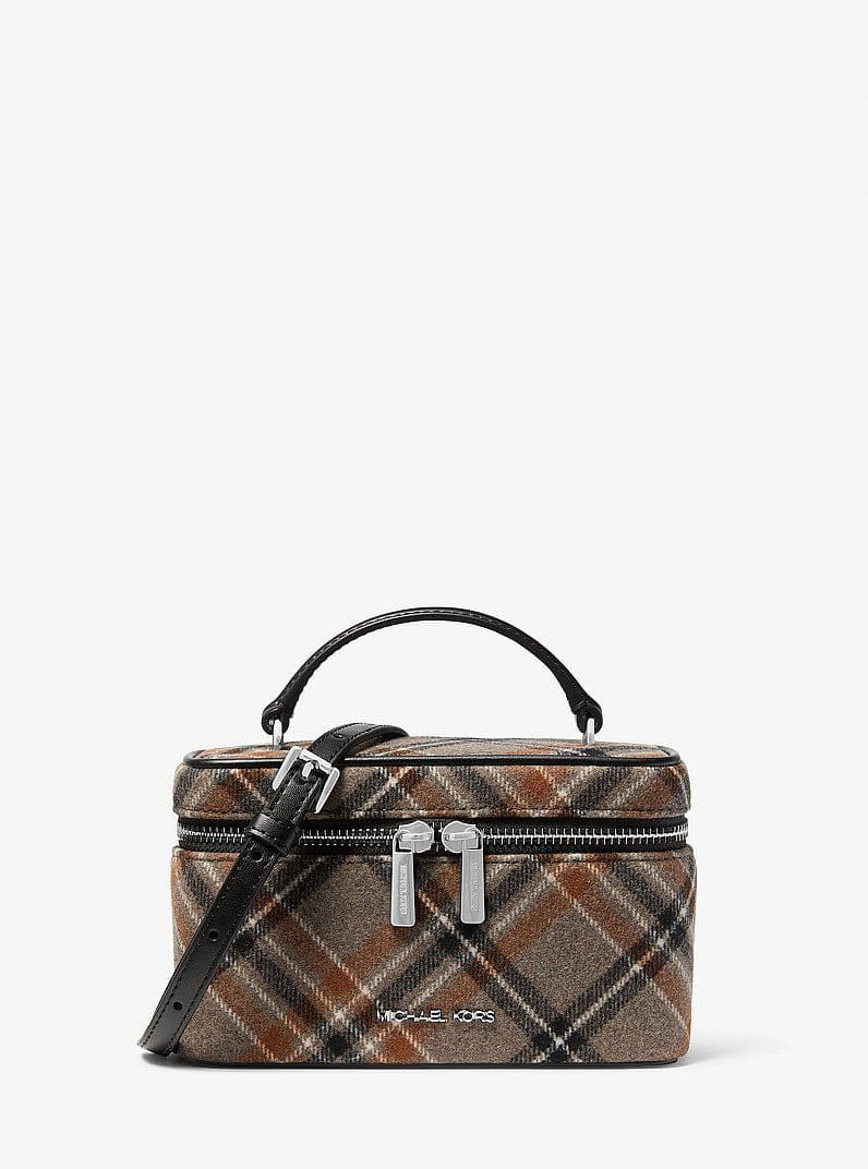 Michael Kors Vivi Small Plaid Print Wool Blend Vanity Crossbody Bag Black
