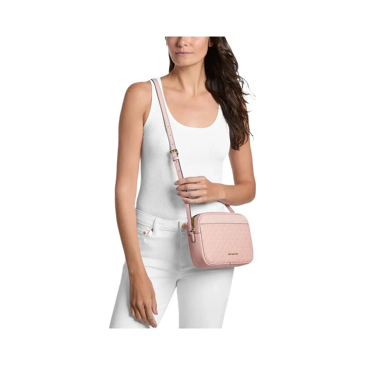 Michael Kors Jet Set Travel Large Signature Logo Camera Crossbody Bag Powder Blush