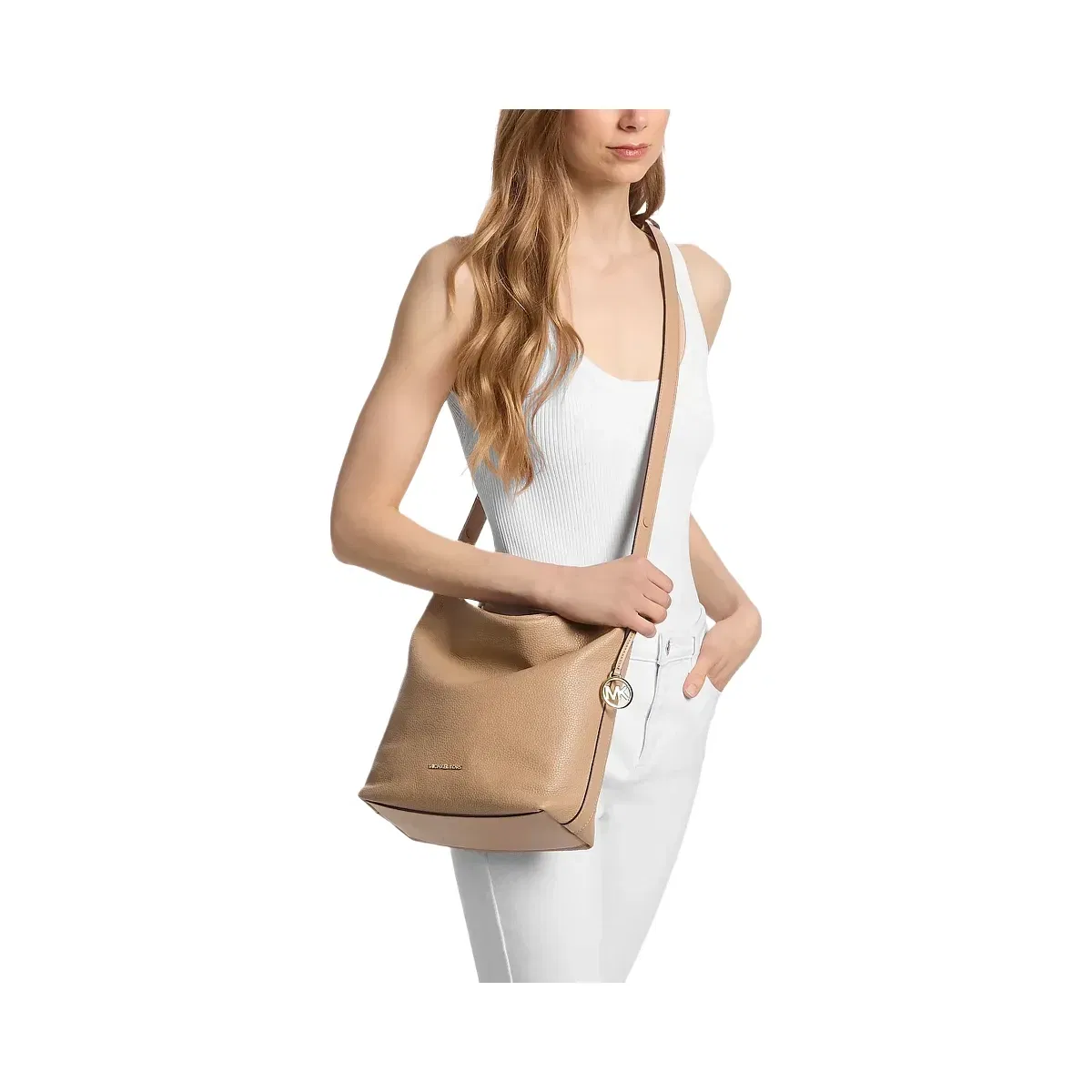 Michael Kors Roey Medium Pebbled Leather Bucket Messenger Bag Camel