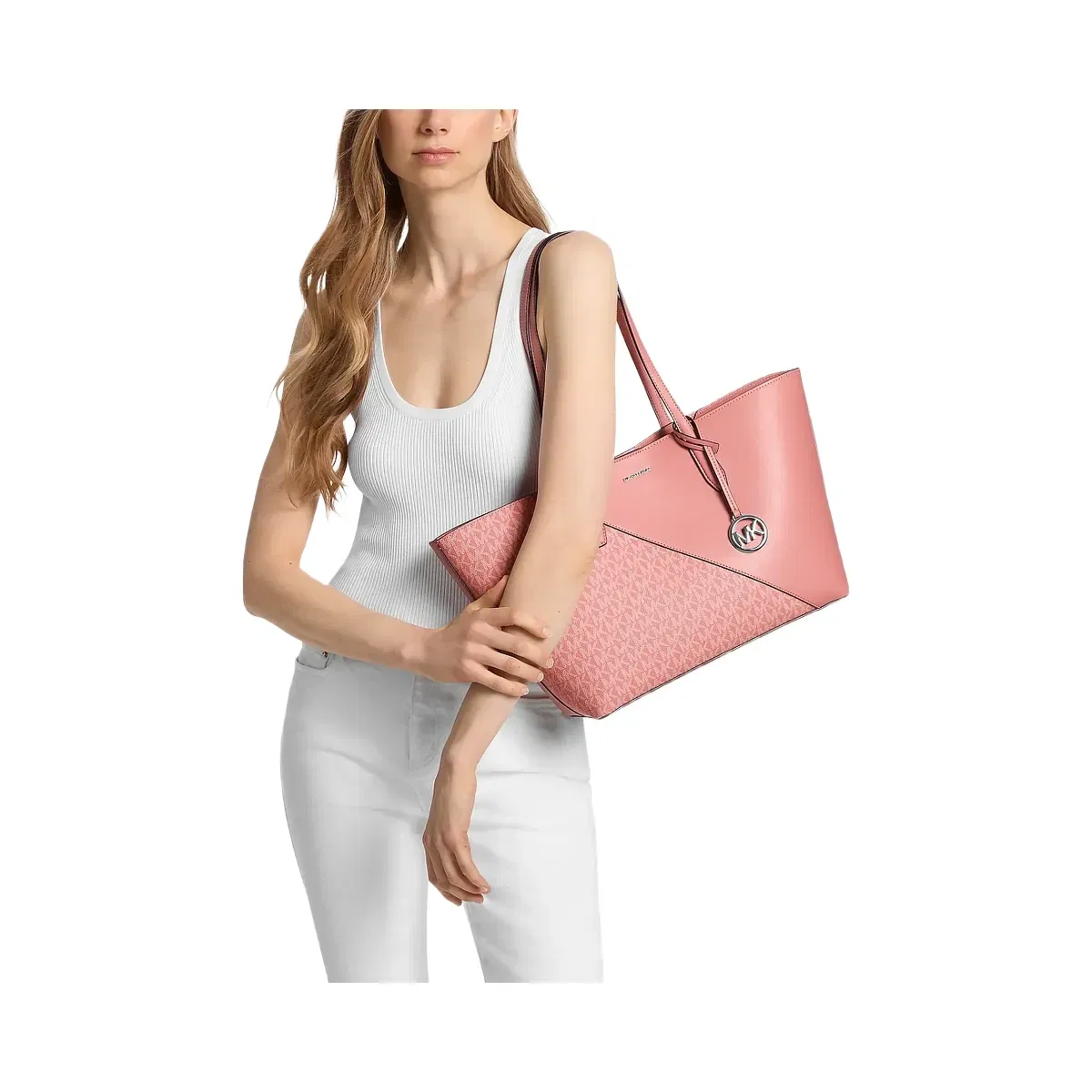 Michael Kors Avalon Medium Signature Logo and Smooth Tote Bag Sunset Rose