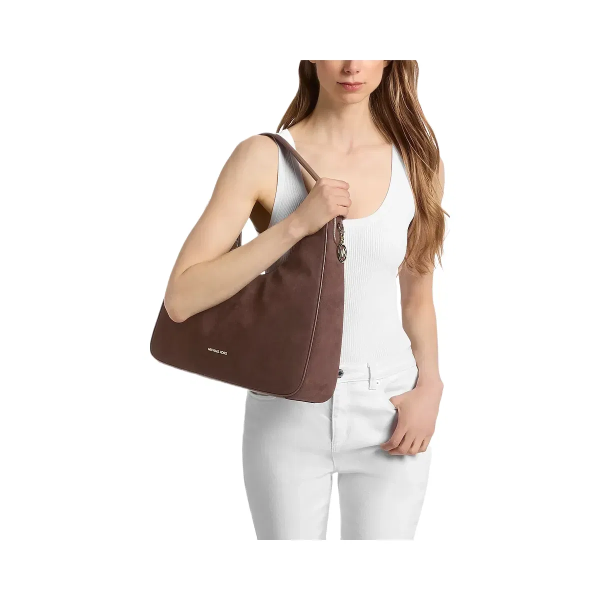 Michael Kors Nayla Medium Suede Hobo Shoulder Bag Nutmeg