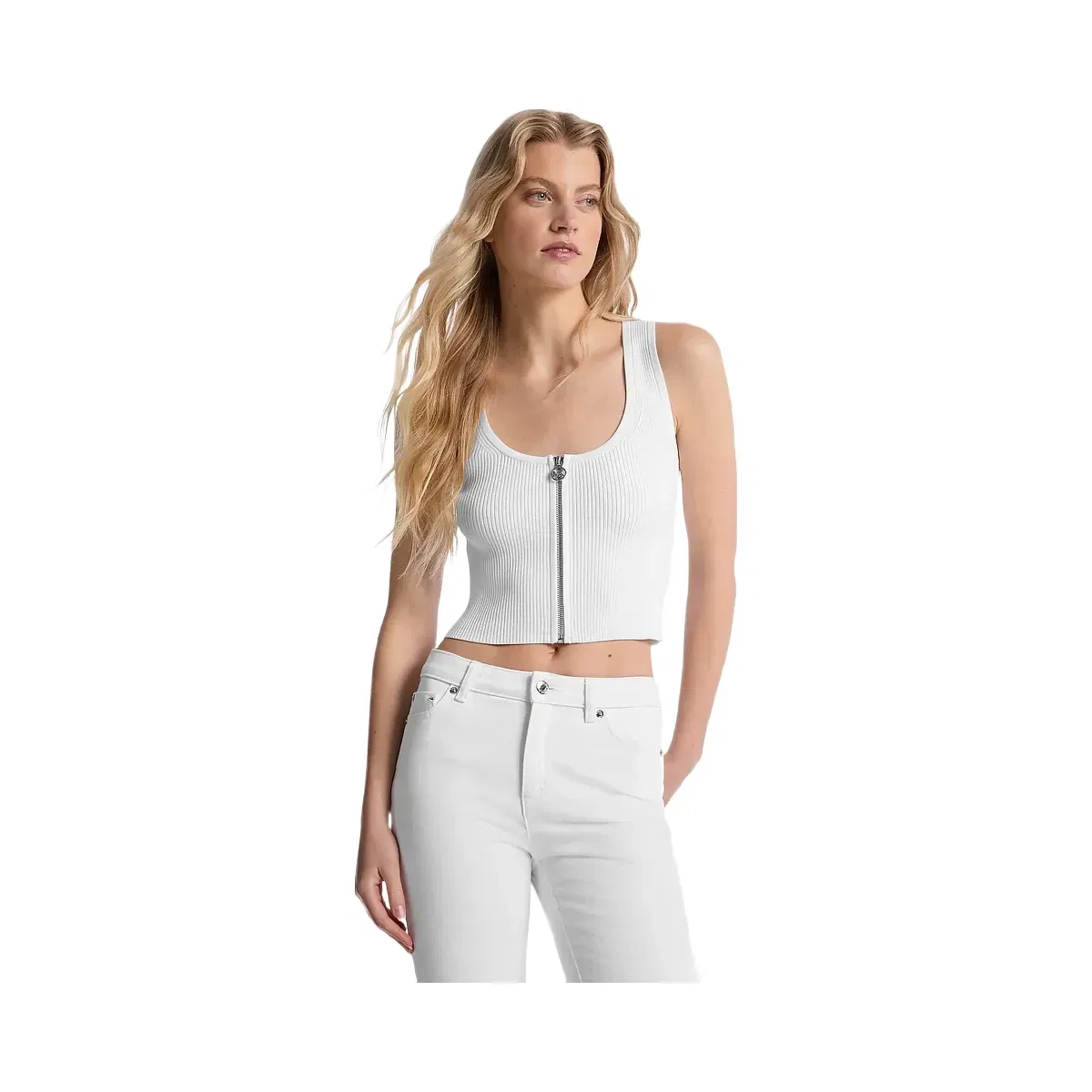 Michael Kors Ribbed Viscose Blend Zip-Up Tank Top White