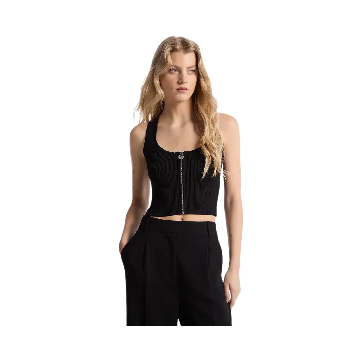Michael Kors Ribbed Viscose Blend Zip-Up Tank Top Black