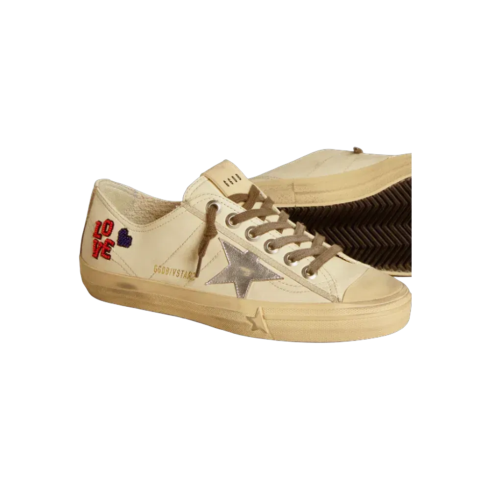 Golden Goose V-Star In Ecru Nappa With Silver Nappa Star And Beaded Embroidery