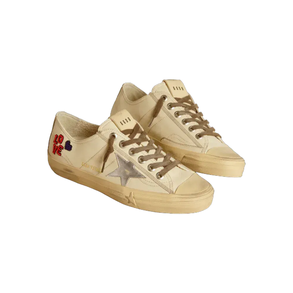 Golden Goose V-Star In Ecru Nappa With Silver Nappa Star And Beaded Embroidery