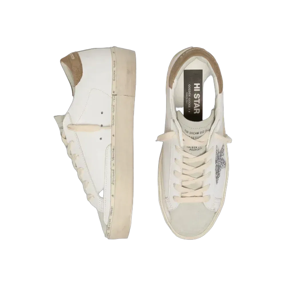 Golden Goose Hi Star With Silver Glitter Star And Dove-Gray Nubuck Heel Tab