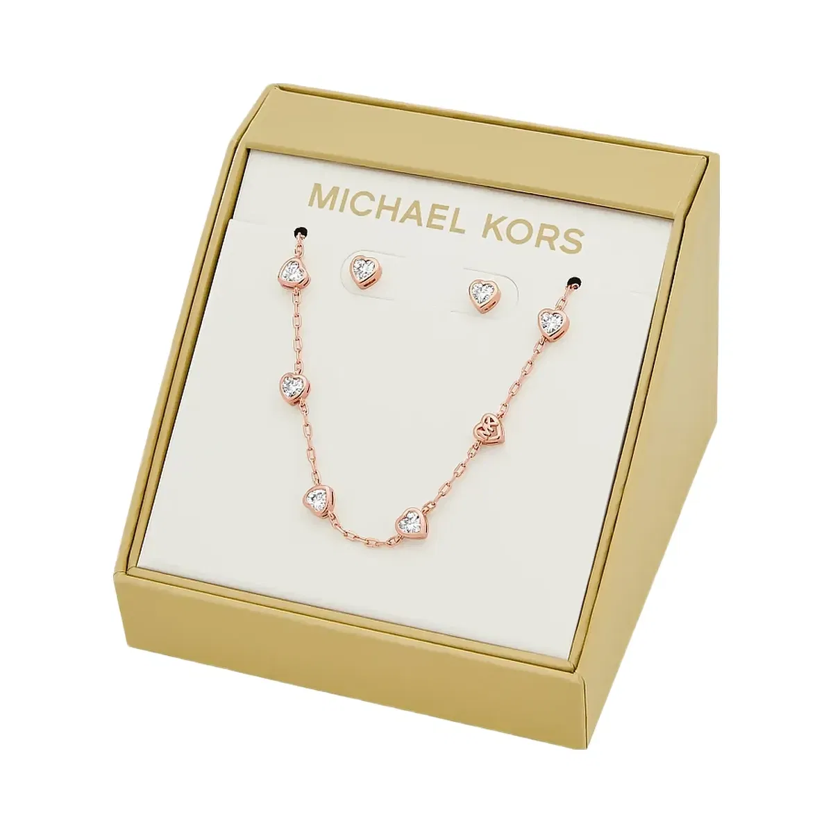 Michael Kors Heart Cubic Zirconia Necklace and Stud Earrings Gift Set Rose Gold