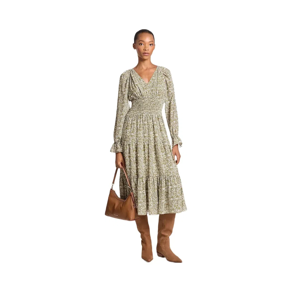 Michael Kors Floral Print Georgette Midi Dress Oregano