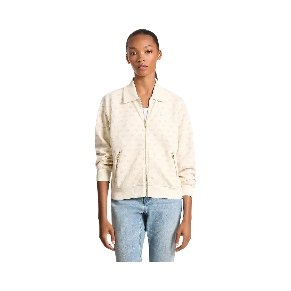Michael Kors Logo Cotton Blend Zip-Up Jacket Bone