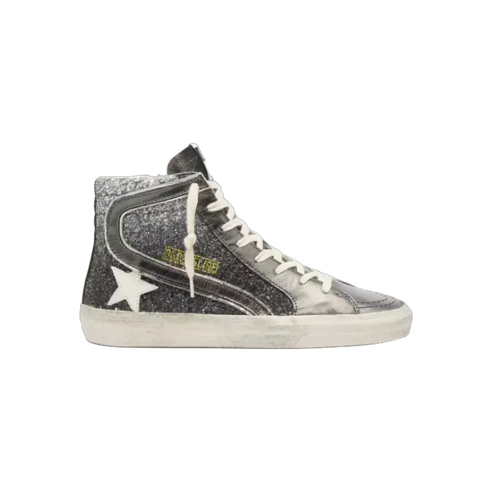 Golden Goose Slide In Black And Silver Glitter With Leather Star And Metallic Flash