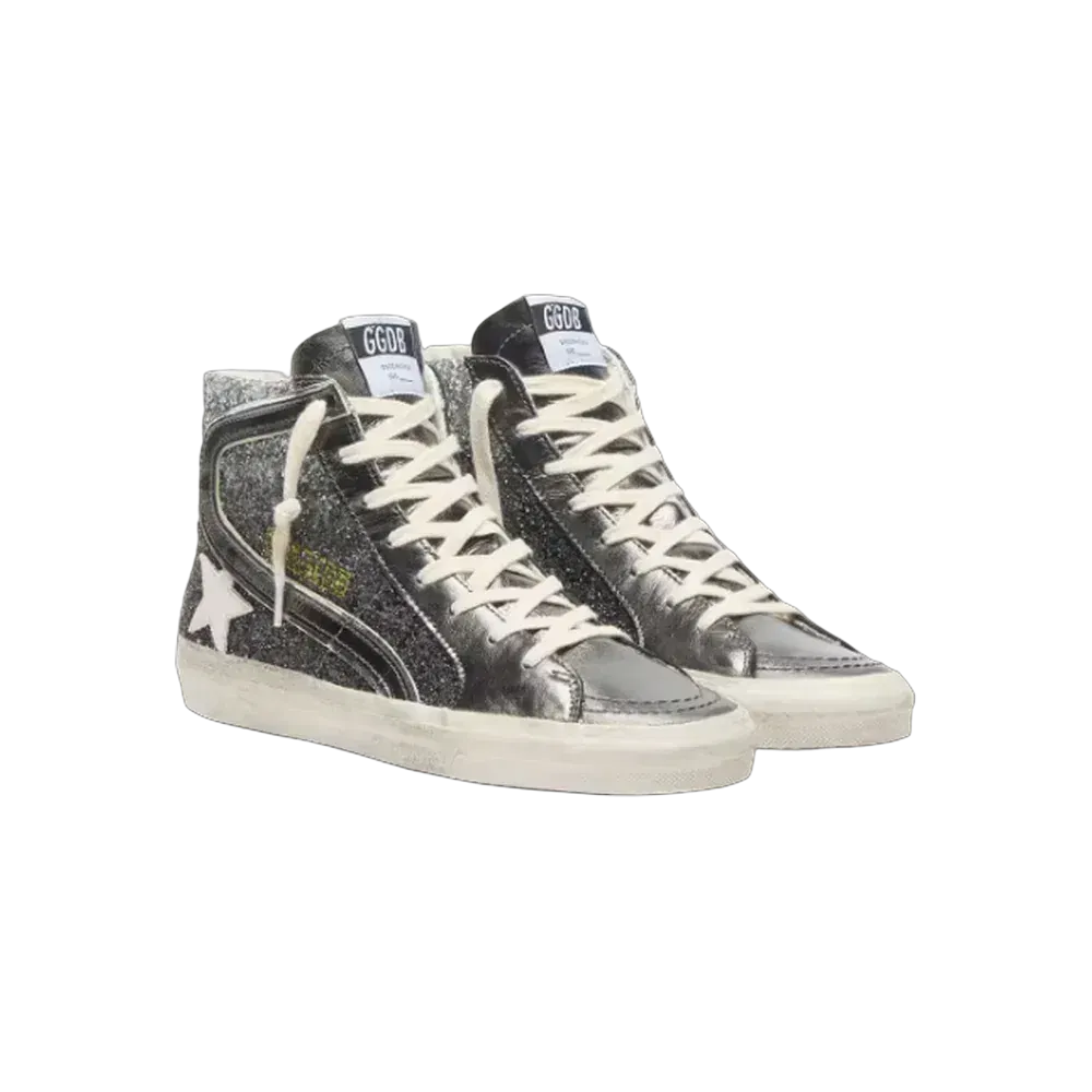 Golden Goose Slide In Black And Silver Glitter With Leather Star And Metallic Flash