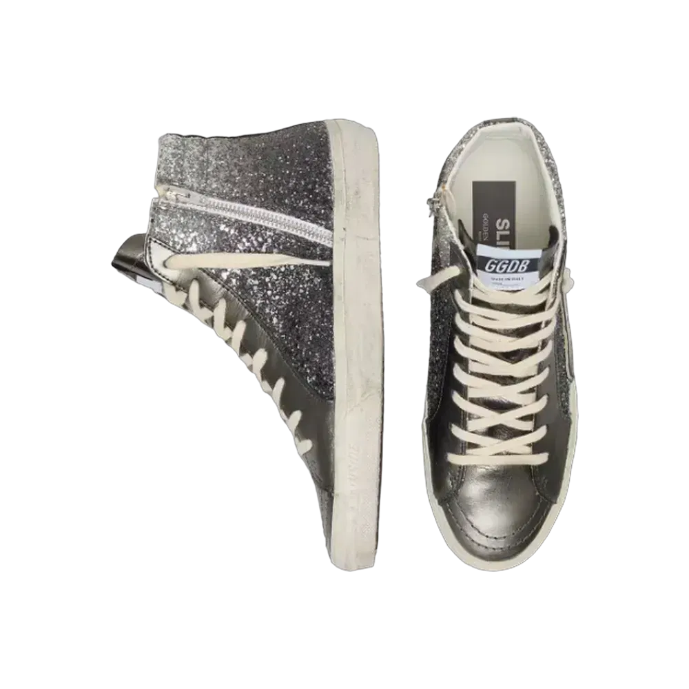 Golden Goose Slide In Black And Silver Glitter With Leather Star And Metallic Flash