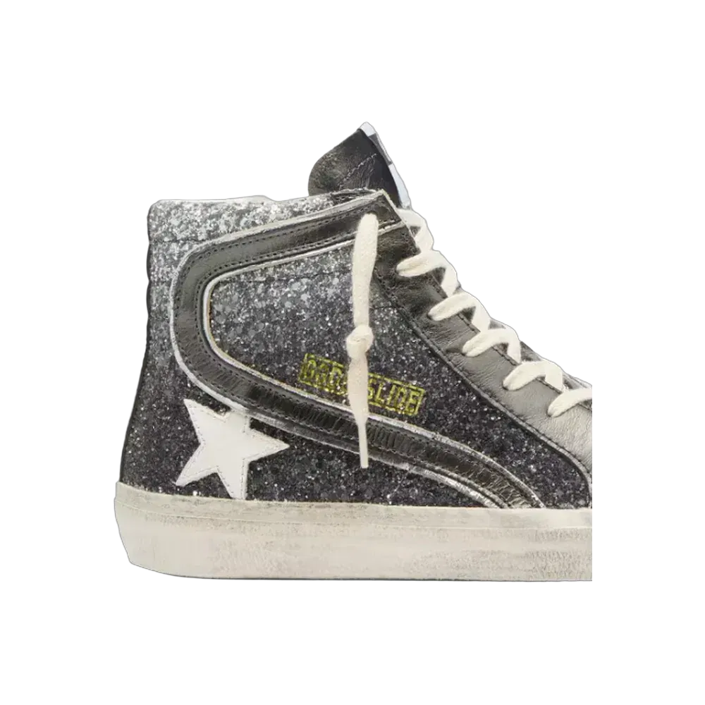 Golden Goose Slide In Black And Silver Glitter With Leather Star And Metallic Flash