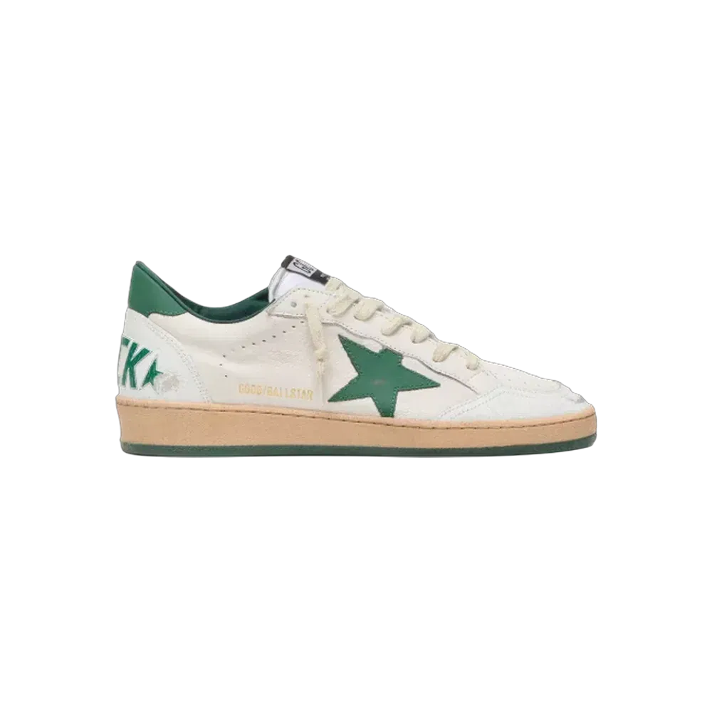 Golden Goose Ball Star Wishes In White Nappa Leather With Green Leather Star
