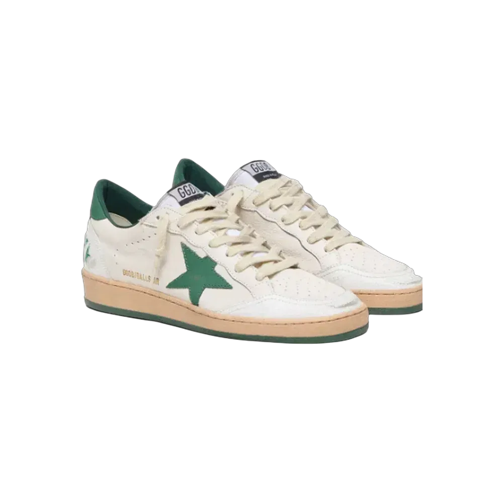 Golden Goose Ball Star Wishes In White Nappa Leather With Green Leather Star