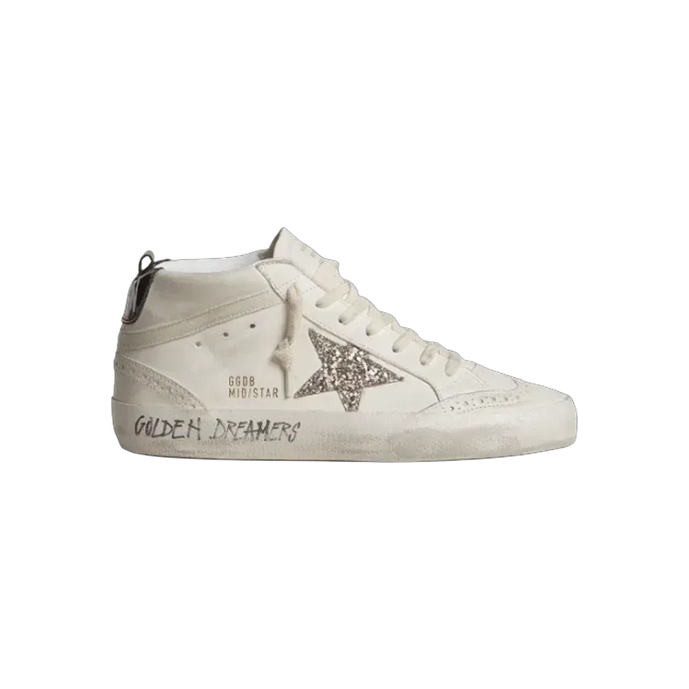 Golden Goose Mid Star With Silver Glitter Star And Black Laminated Heel Tab