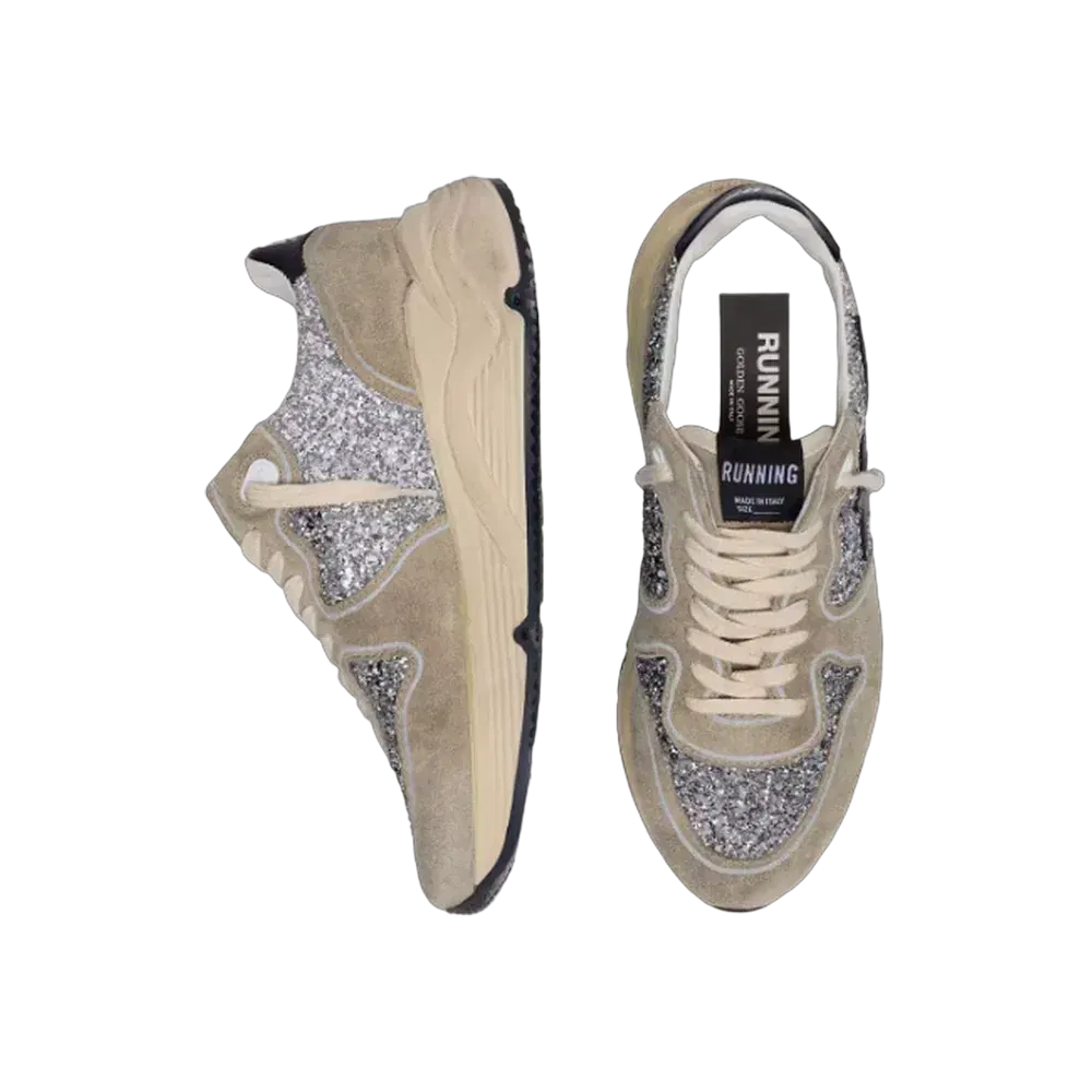 Golden Goose Running Sole In Silver Glitter And Dove Gray Suede