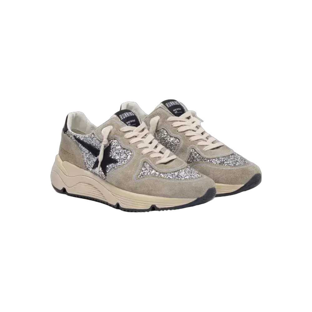 Golden Goose Running Sole In Silver Glitter And Dove Gray Suede