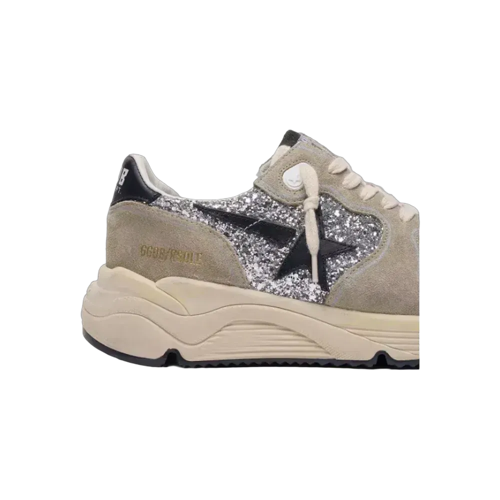 Golden Goose Running Sole In Silver Glitter And Dove Gray Suede