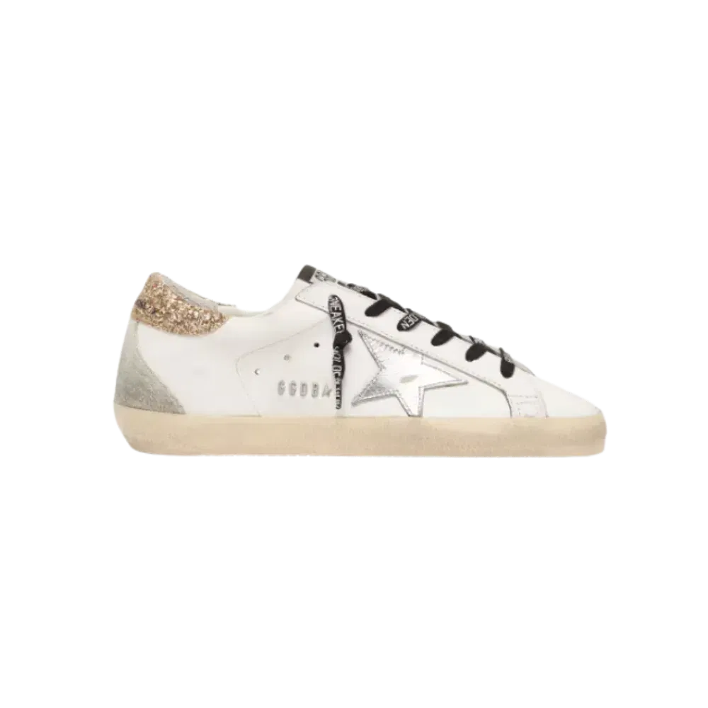 Golden Goose White Leather Super-Star With Glittery Heel Tab