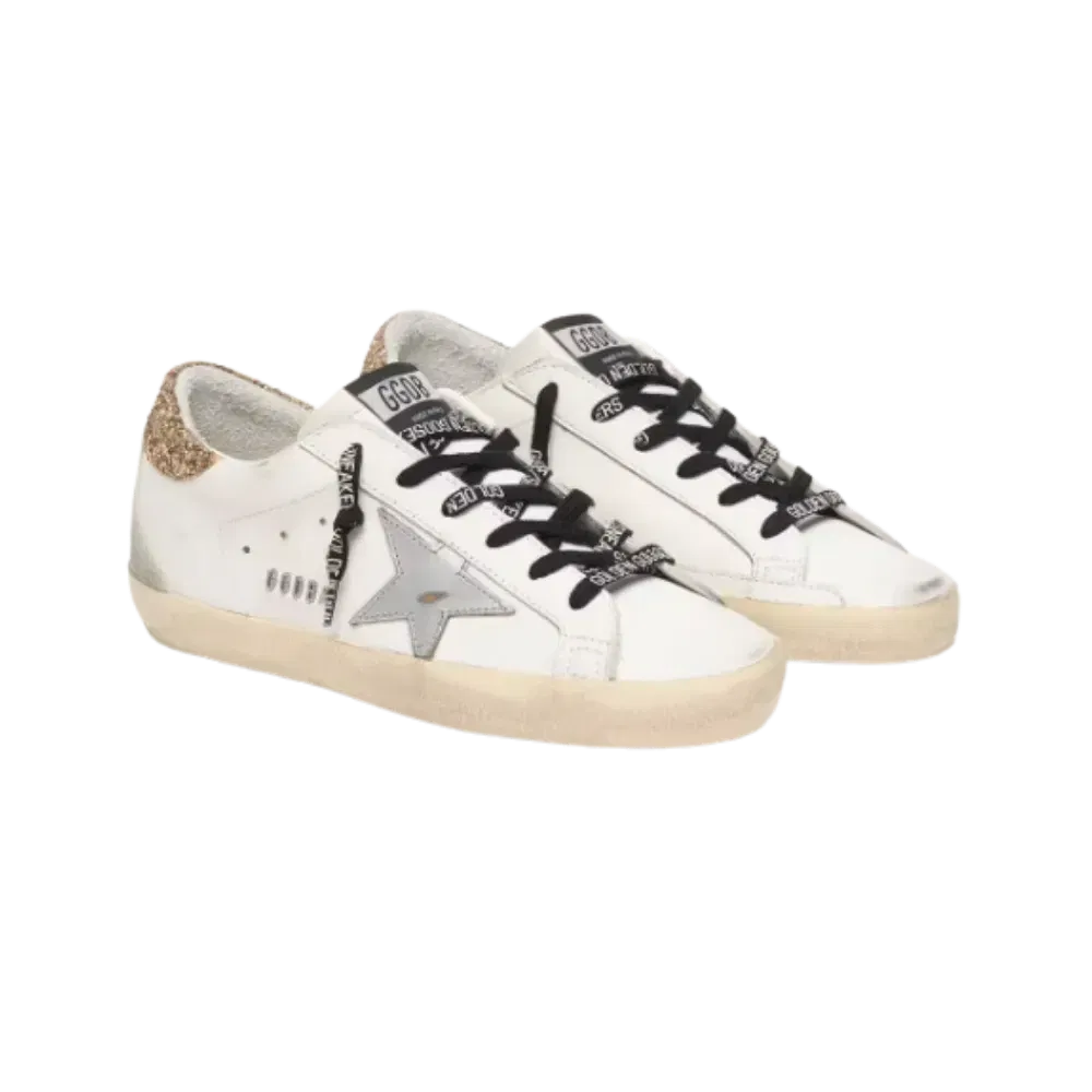 Golden Goose White Leather Super-Star With Glittery Heel Tab