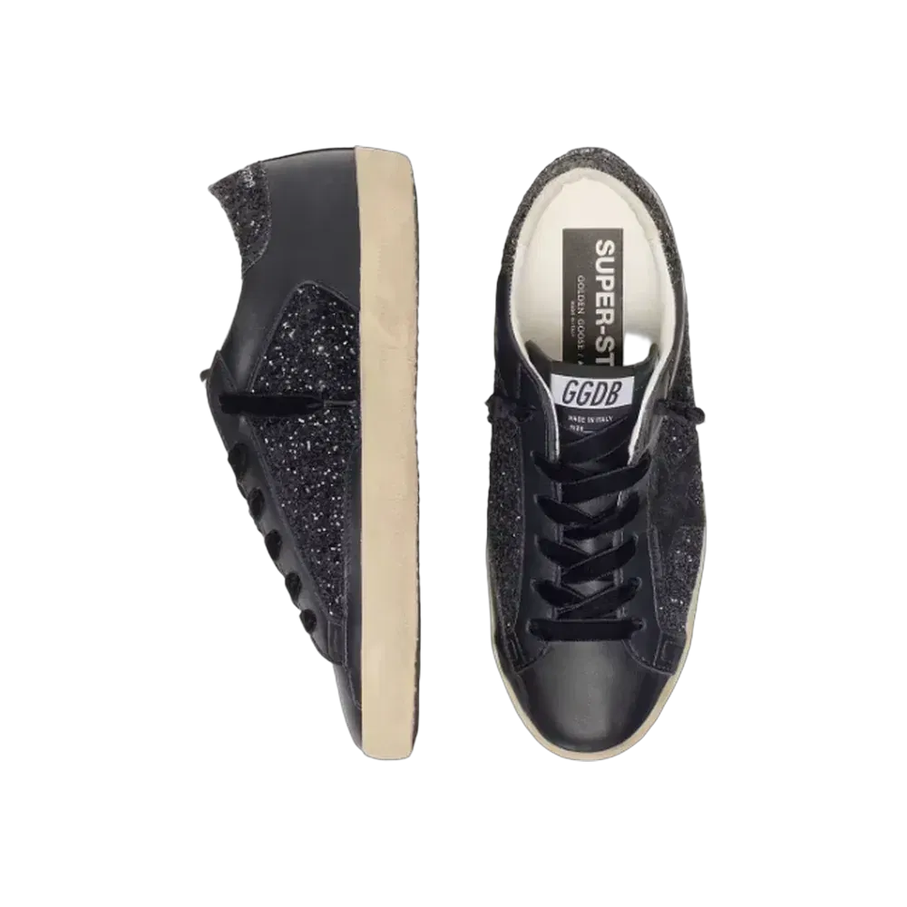 Golden Goose Super-Star In Black Glitter With Black Suede Star And Leather Inserts
