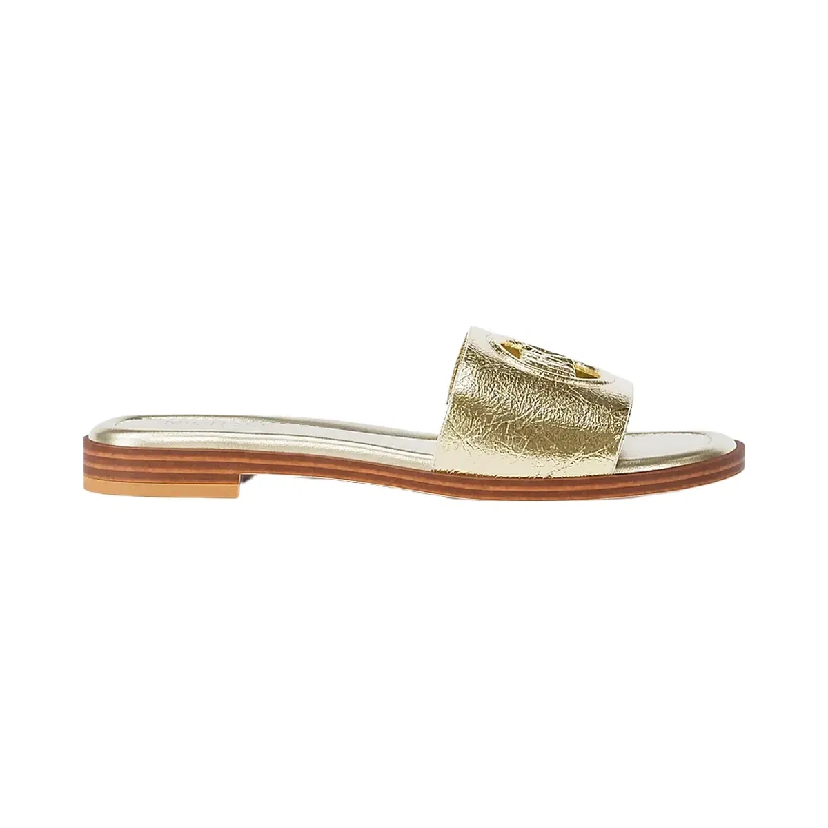 Michael Kors Carissa Crackled Metallic Slide Sandal Pale Gold