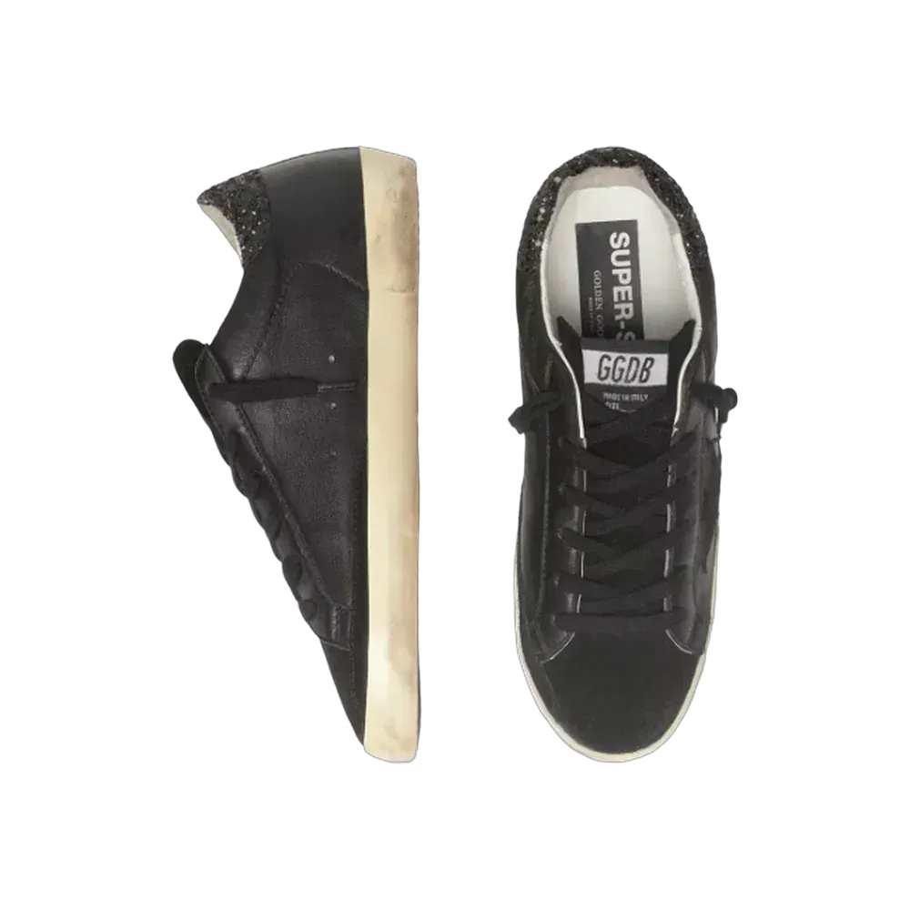 Golden Goose Super-Star In Black Nappa With Black Star And Glitter Heel Tab
