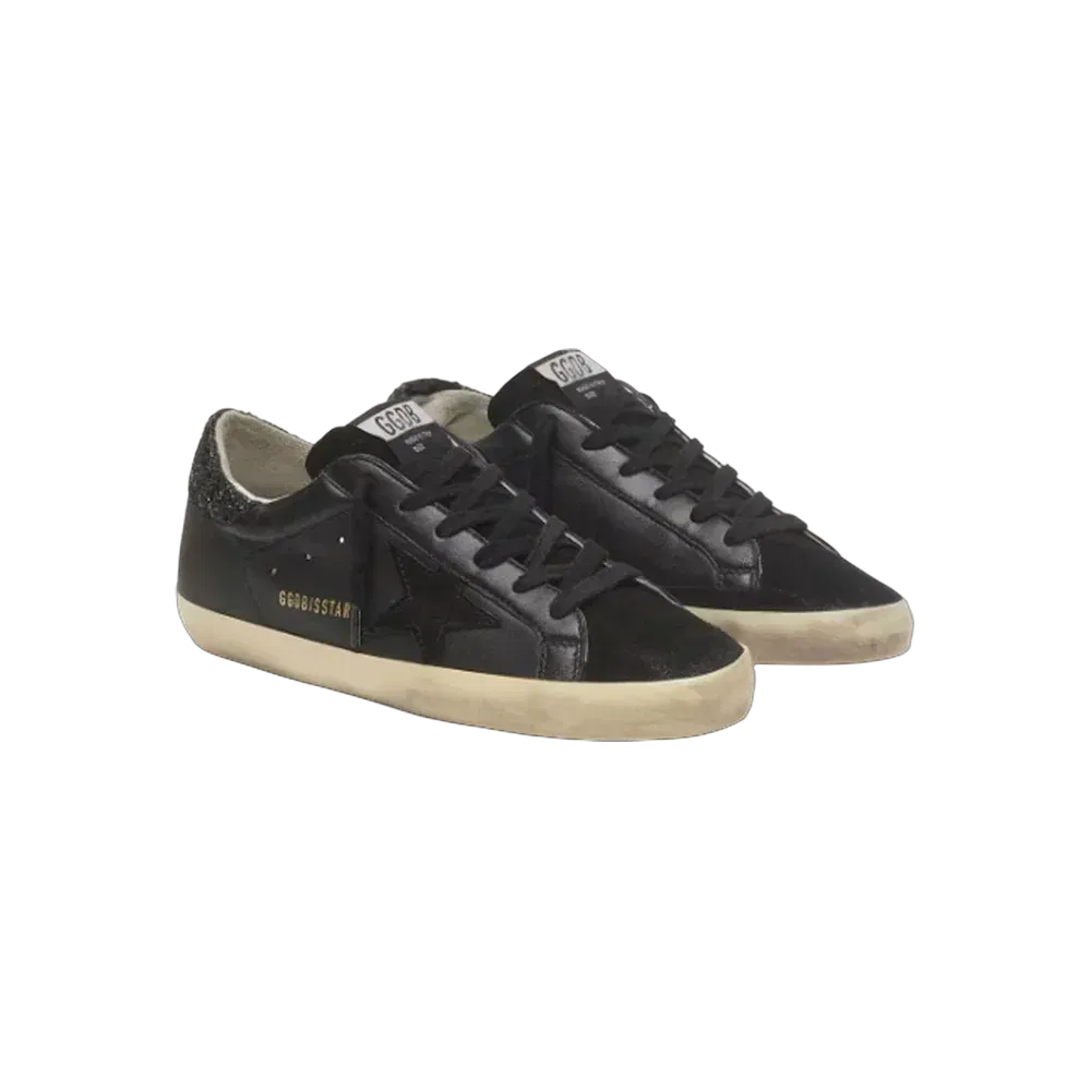 Golden Goose Super-Star In Black Nappa With Black Star And Glitter Heel Tab