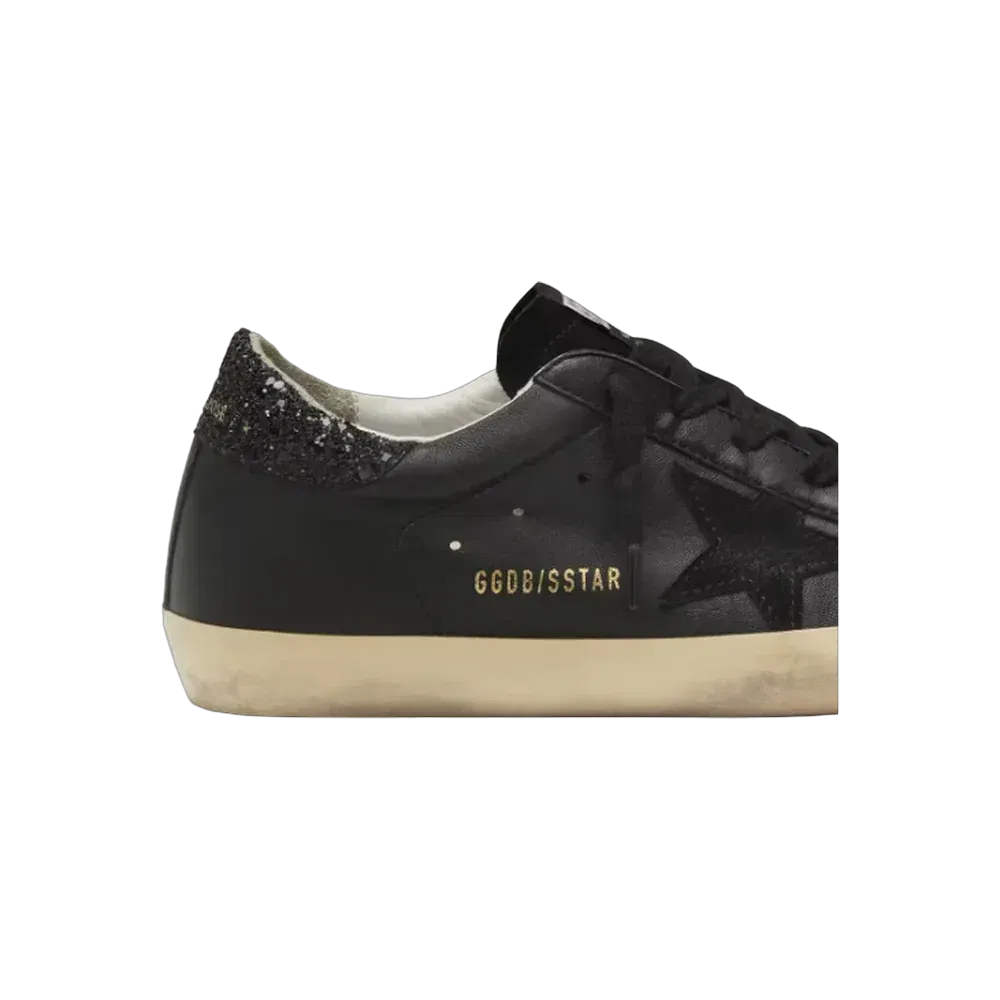 Golden Goose Super-Star In Black Nappa With Black Star And Glitter Heel Tab