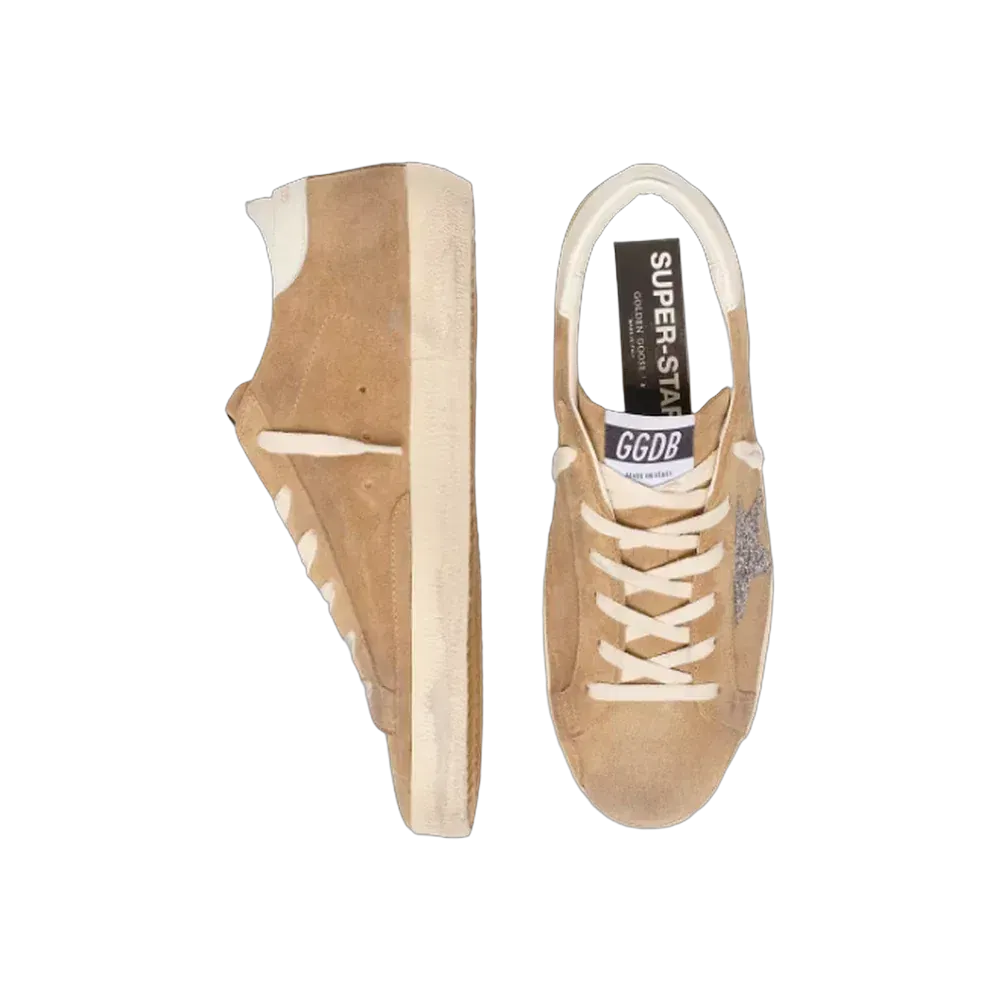 Golden Goose Super-Star In Tobacco Suede With Silver Glitter Star