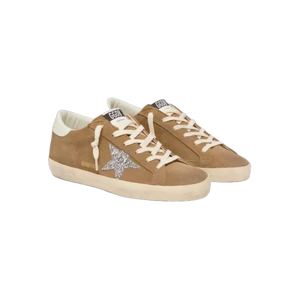 Golden Goose Super-Star In Tobacco Suede With Silver Glitter Star