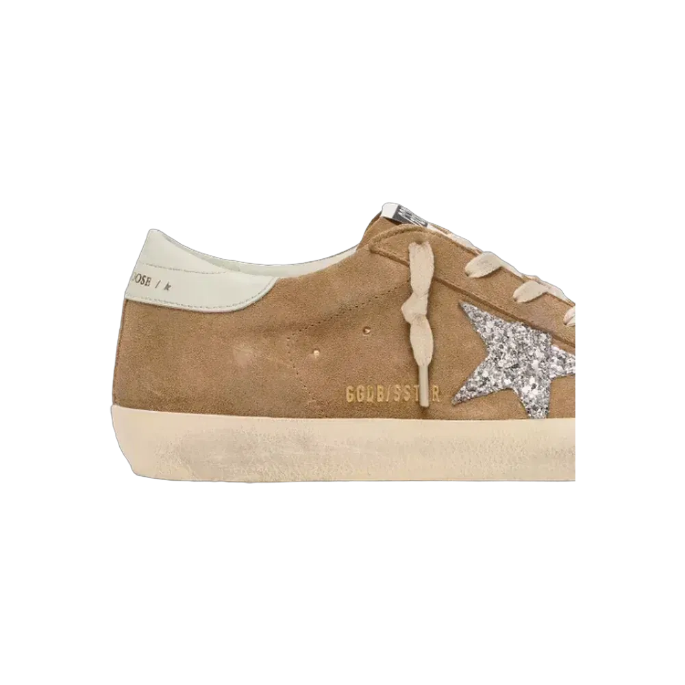 Golden Goose Super-Star In Tobacco Suede With Silver Glitter Star